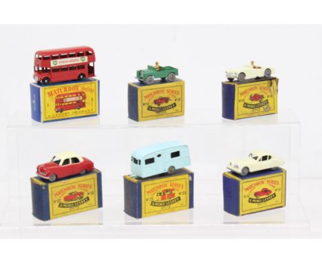 Matchbox: A collection of six assorted boxed Matchbox 75 Series vehicles to comprise: Routemaster 5, Land Rover 12, MG A Spor