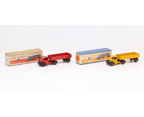 Dinky: A pair of boxed Dinky Toys, Bedford Articulated Lorry, Reference No. 521. One in yellow livery, the other in red. Orig