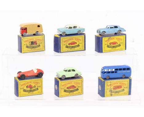 Matchbox: A collection of six assorted boxed Matchbox 75 Series vehicles to comprise: Marshall Horse Box 35, Hillman Minx 43,