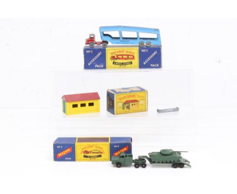 Matchbox: A collection of three boxed Matchbox Series, to comprise: Matchbox Car Transporter, Accessory Pack No. 2; Tank Tran