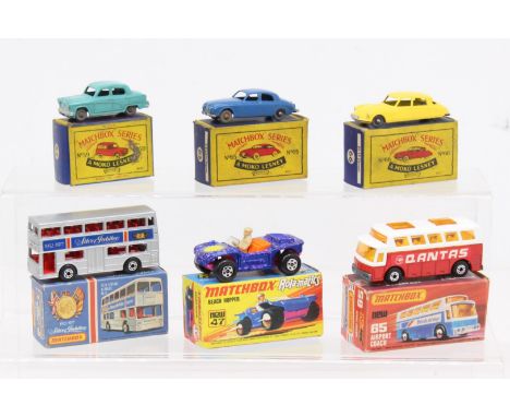 Matchbox: A collection of six assorted boxed Matchbox 75 Series vehicles to comprise: Austin A50 36 in 59 box, Jaguar 3.5 Lit