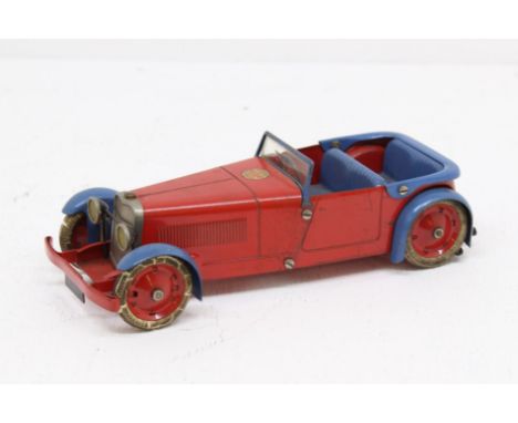 Meccano: A 1930s Meccano Constructor Two-Seater Tourer Car, No. 2. Red body with blue trim, with matching interior. Scarce ex
