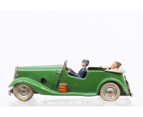 Triang Minic: An unboxed clockwork, Triang Minic, Pre-War Tourer with four seated figures, green livery with cream tonneau an