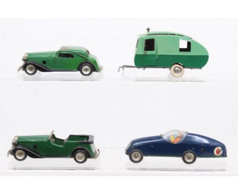Triang Minic: A collection of four unboxed Triang Minic clockwork vehicles, to comprise: Racing Car, blue livery #6; Open Tou