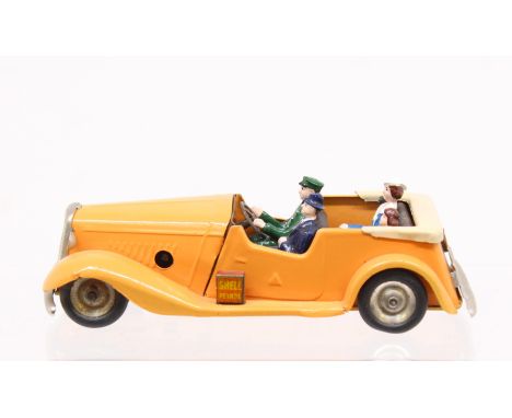 Triang Minic: An unboxed clockwork, Triang Minic, Pre-War Tourer with four seated figures, orange livery with cream tonneau a