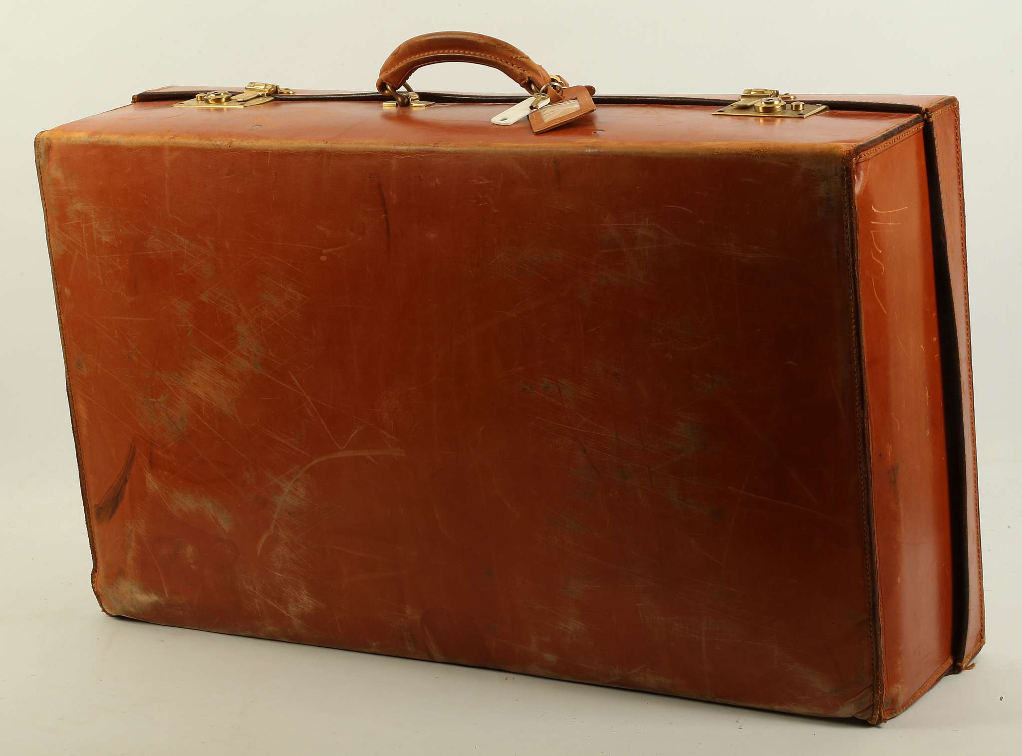 Vintage leather bound suitcase, retailed by Harrods, canvas lined ...