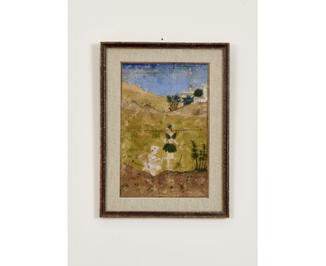 A C18th Indian miniature of country scene with palace in the background and maiden with kneeling hunter pulling out arrow fro
