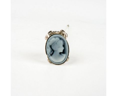 Charming hat pin replica featuring a blue-grey cameo ornament depicting a portrait of a lady, set on an intricate silver-tone