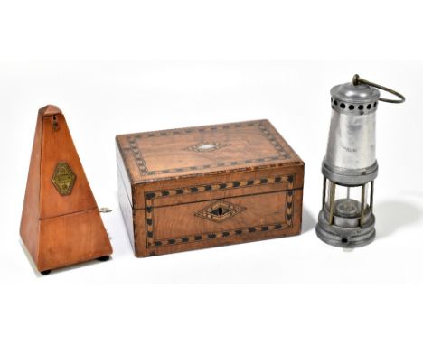 THOMAS &amp; WILLIAMS ABERDARE; a Welsh miner's lamp, together with a 19th century work box with mother of pearl and ebonised
