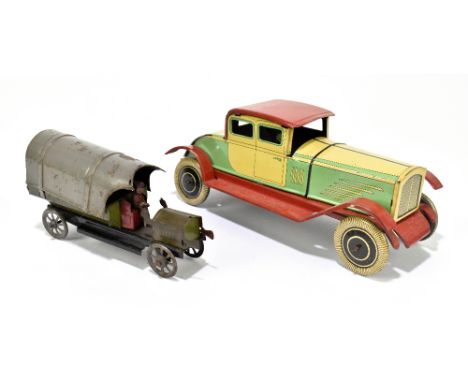 A German tinplate clockwork vehicle with canopy and driver, length 15cm, with a Brimtoy clockwork coupe, WL 1933 (2).PROVENAN