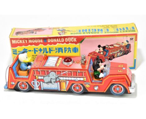 A Japanese battery operated tinplate Micky Mouse and Donald Duck fire truck, in original box.PROVENANCE: The Collection of Ja