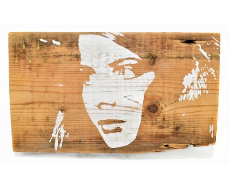 PAM GLEW (born 1978); a limited edition portrait on pine panel, the portrait in printed sections of white with gilt teardrops