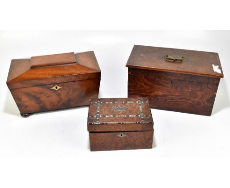 A Victorian mahogany tea caddy with brass escutcheon and bun feet, width 30cm, depth 16.5cm, a late 19th century pitch pine s