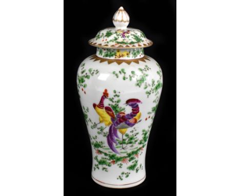 SAMSON; an early 20th century hand painted porcelain lidded vase decorated with exotic birds and floral sprays with gilt high