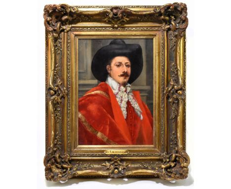 ALFRED D'AMBROSSI; oil on board, portrait of a cavalier in red outfit and black hat, named to the name plate on the frame, 29