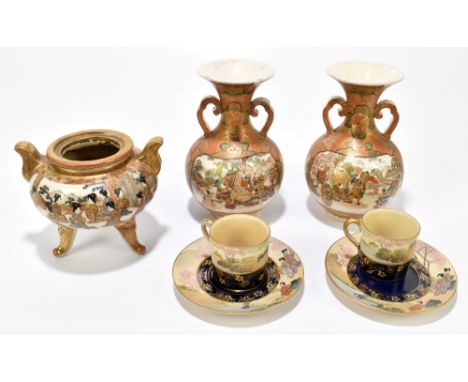 Seven pieces of early 20th century Japanese Satsuma comprising a pair of baluster form twin handled vases, each decorated wit
