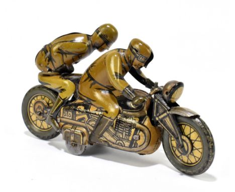 CKO KELLERMANN; a 1930s tinplate clockwork motorcycle, rider and pillion passenger, no.353, length 14cm.PROVENANCE: The Colle