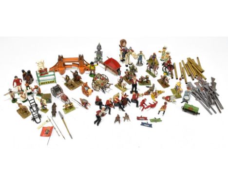 A miscellany of diecast figures and models including various horses and loose riders, a model of a footballer, two motorbike 