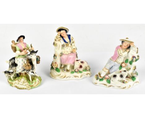 DERBY; a late 18th/early 19th century figure of Count Bruhl's Tailor's Wife riding a goat, height 14cm, together two Stafford