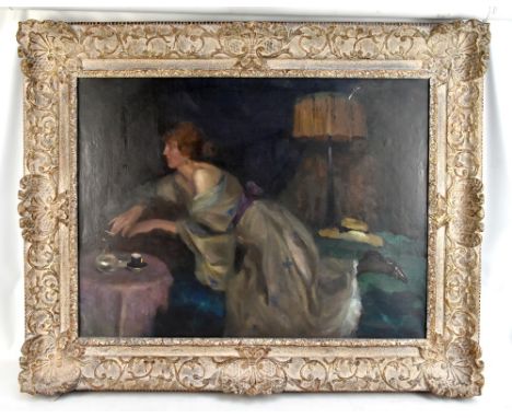 ERZSÉBET MARIA PODVINECZ (Hungarian 1893-1962); oil on canvas, female figure reclining while smoking a cigarette, signed, 60 