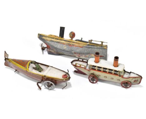 An early 20th century vintage tinplate clockwork boat car with driver, length 16cm, with a similar tinplate model of a boat a