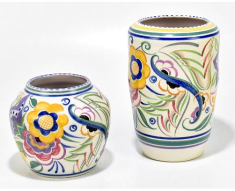 POOLE POTTERY; two Art Deco hand painted vases with floral decoration, height of largest example 18cm (2).Additional Informat