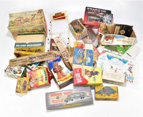 A collection of vintage empty toy boxes and box sections including a lid for Autoperipatetikos or walking doll and two metal 