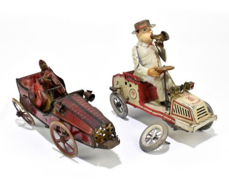 LEHMANN / DRGM; a German tinplate clockwork Tut Tut car, with original key and bellows, length 17.5cm, with a further tinplat