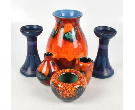 POOLE POTTERY; four modern vases, height of largest 25cm, with a pair of modern Spanish candlesticks (6).Additional Informati