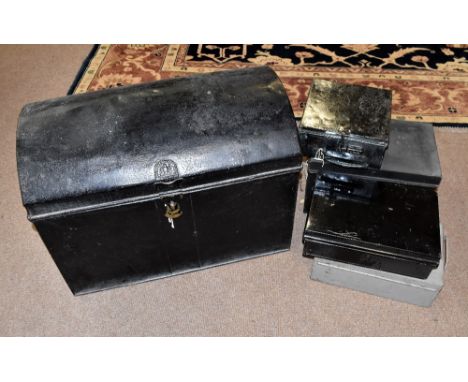 WHITE-PAYNE; a black painted metal dome top trunk, width 67cm, depth 42cm, height 50cm, together with four metal cash tins (5