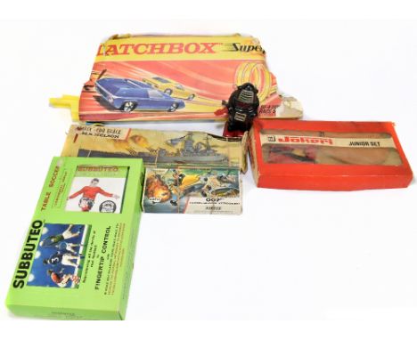 A collection of assorted vintage toys including Airfix-600 of HMS Nelson, James Bond Autogyro, Subbuteo table soccer Continen