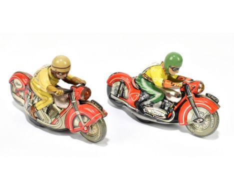 SCHUCO; two German tinplate clockwork motorcycles comprising a Motodrill Clown and a 1012, with riders, with a box for a Moto