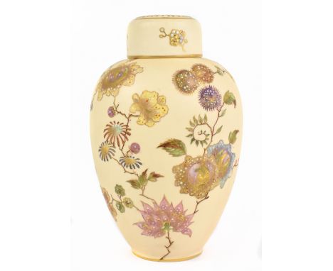 CROWN DERBY; a blush ivory vase and cover with floral decoration and gilt highlights, height 18cm.Additional InformationLight