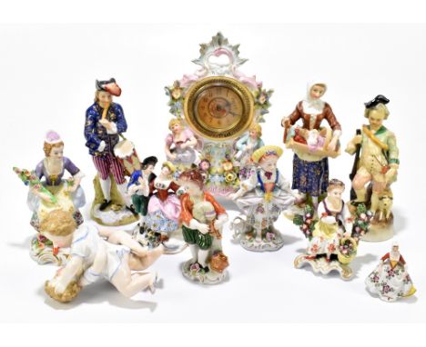 A collection of Continental porcelain figures, including a pair of Plaue-on-Havel (Thuringia) representing a male playing the