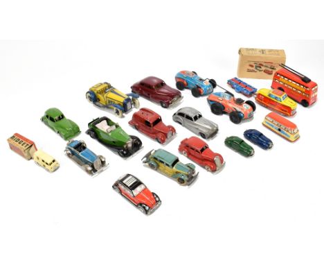 A collection of fifteen clockwork diecast and tinplate toys including a Gunthermann blue and yellow vehicle, a Wells of Londo