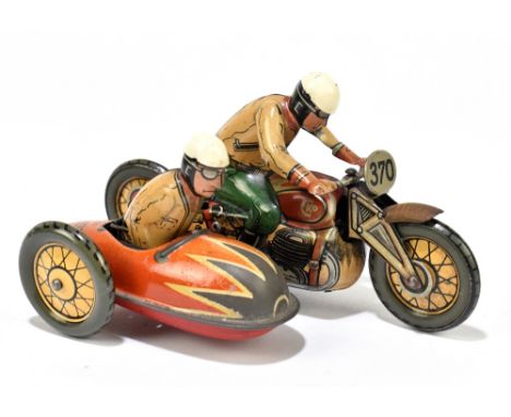 CKO KELLERMANN; a German tinplate clockwork motorcycle and sidecar 'Tourist', no.370, with rider and passenger, length 14cm.P