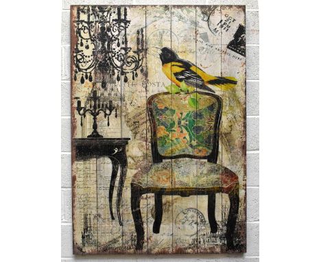 A large modern printed panel decorated with a bird on a chair and a chandelier, height 156cm, width 106cm.