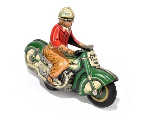 SCHUCO; a German tinplate clockwork Curvo 1000 motorcycle, with rider, length 12cm.PROVENANCE: The Collection of Jack Tempest
