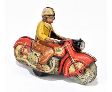 SCHUCO; a German tinplate clockwork motorcycle, Carl 1005, with rider, length 12cm.PROVENANCE: The Collection of Jack Tempest