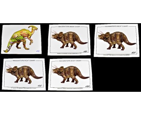 JAY JAY BURRIDGE (born 1971); four signed coloured prints, 'Triceratops Meat Chart', 45.5 x 61cm, unframed, and a signed colo
