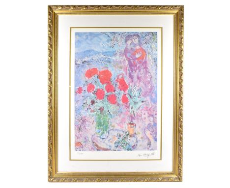 AFTER MARC CHAGALL; limited edition offset lithograph, 'Red Bouquest’, numbered 70/500, 76x52cm, framed and glazed.&nbsp;