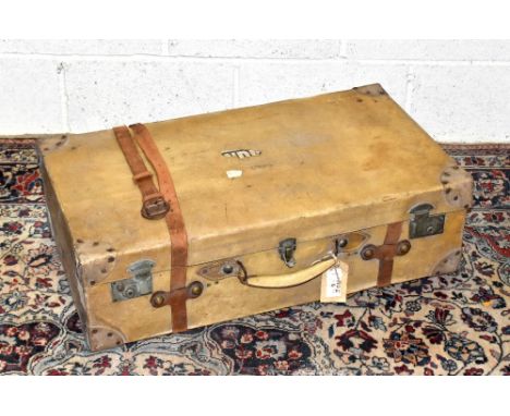 A leather bound pig skin suitcase with initials M K, width 80cm.