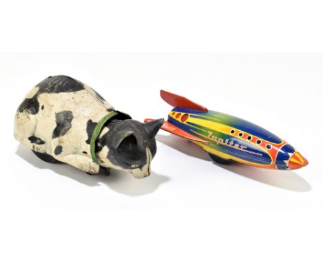 LEHMANN; a tinplate clockwork cat 'Nina', with articulated head, length 18cm, with a West German tinplate model friction rock
