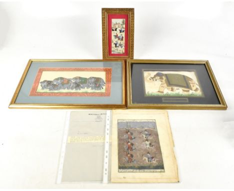A Persian illuminated manuscript decorated to one side with soldiers on horseback, the reverse with manuscript, unframed, 31 