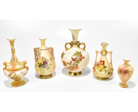 ROYAL WORCESTER; five piece of blush ivory ware comprising four twin handled vases, height of largest example 19.5cm, and a s