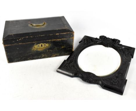 A late 19th century leather deed box by C J Jenkins (trunk manufacturer) of rectangular form with brass handle and applied sh