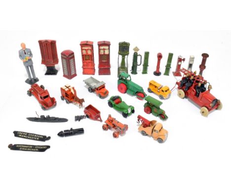 A small collection of diecast toys including a J O Hill & Co fire engine, ladder and six firemen, some Lesney vehicles and va