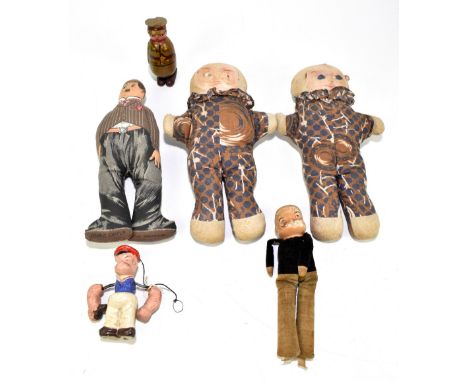 DEAN'S; a Charlie Chaplin printed cloth soft toy, height 29cm, with two similar dolls, a Nora Wellings type Popeye doll, a fu