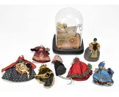 A collection of six 19th century dolls house and miniature dolls, comprising a pedlar type peg doll with wooden head and stic