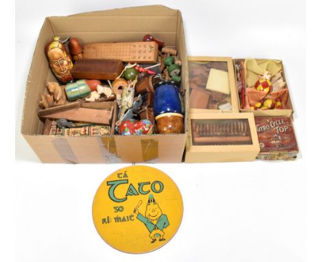 A miscellany of vintage and later, mostly wooden, toys and games to include a boxed Gyro-cycle top, a vintage boxed clown gam